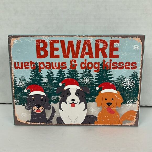 Beware Wet Paws & Dog Kisses Sign Decor Box Holiday Winter Christmas Rustic - Picture 1 of 6